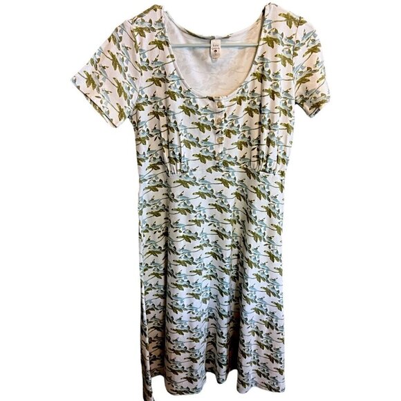 Womens Kate Quinn Blue Bird Scoop Neck Buttons Organic Cotton Midi Dress Size Lg